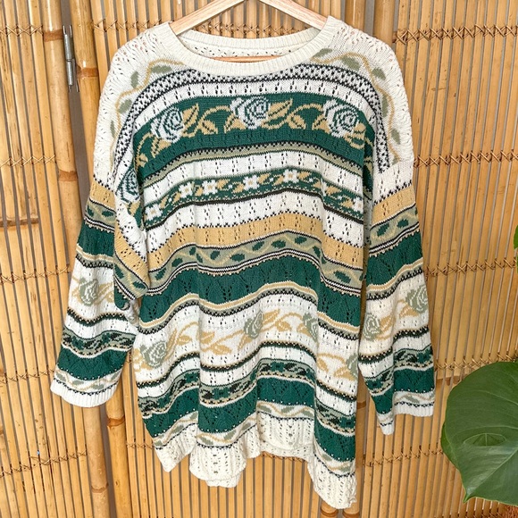 Vintage Handmade Oversized Green & White Floral Stripe Grandpa Pullover Sweater - Picture 2 of 6